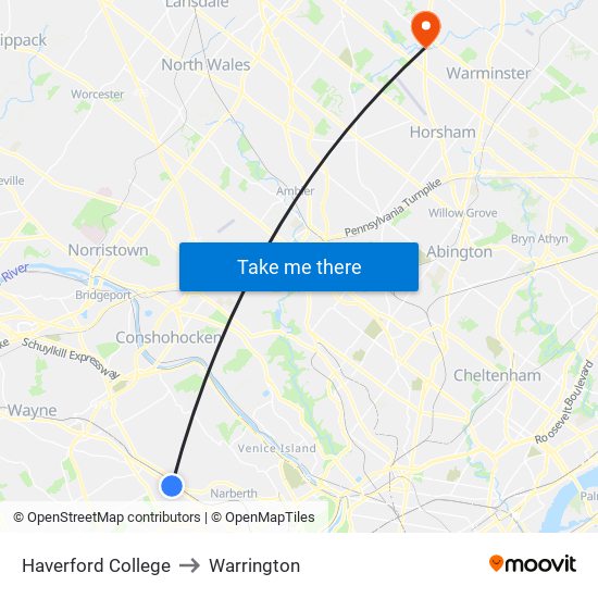 Haverford College to Warrington map