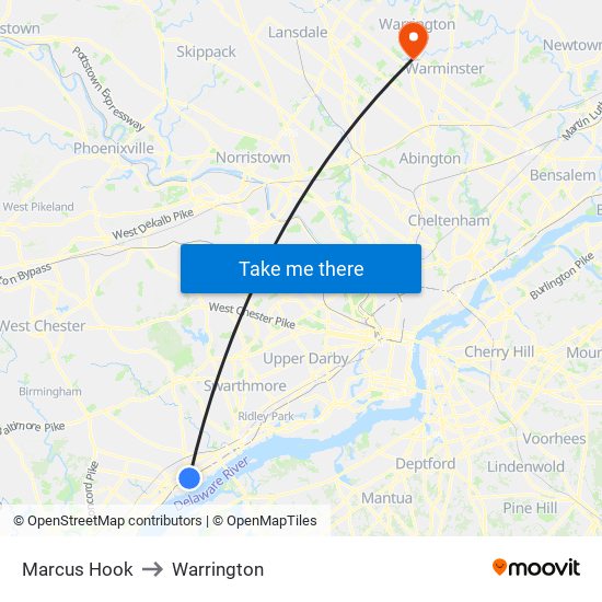 Marcus Hook to Warrington map