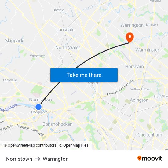 Norristown to Warrington map