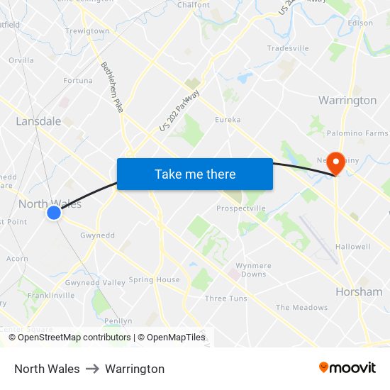 North Wales to Warrington map