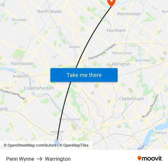 Penn Wynne to Warrington map