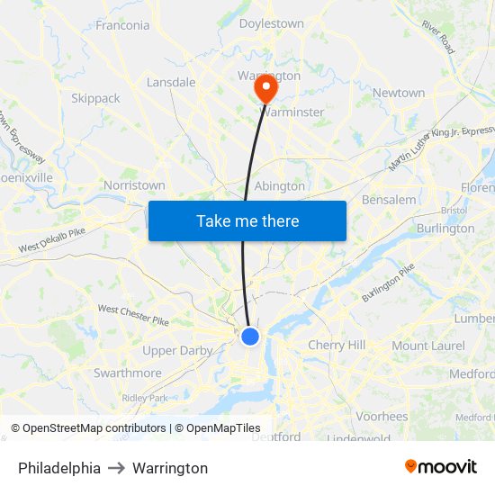 Philadelphia to Warrington map