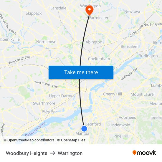 Woodbury Heights to Warrington map