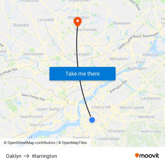 Oaklyn to Warrington map