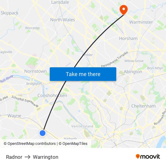 Radnor to Warrington map