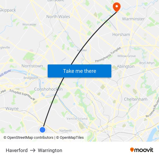 Haverford to Warrington map