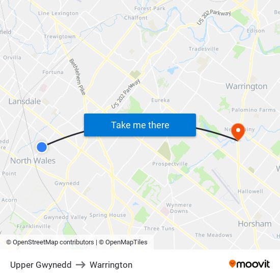 Upper Gwynedd to Warrington map