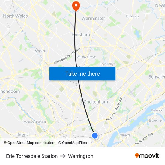 Erie Torresdale Station to Warrington map