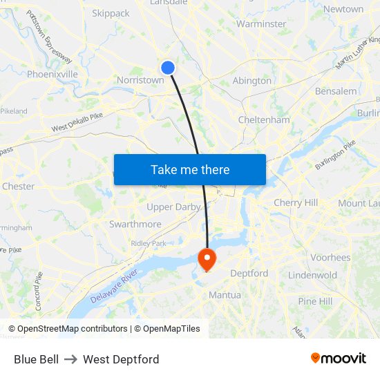 Blue Bell to West Deptford map