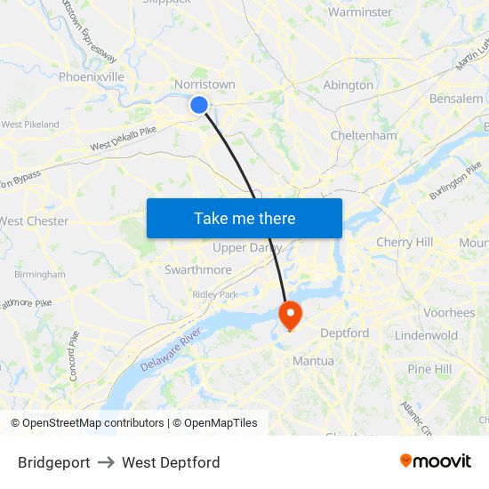 Bridgeport to West Deptford map