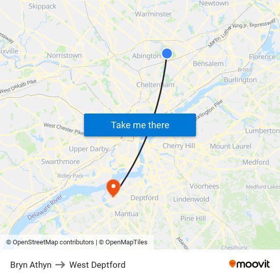 Bryn Athyn to West Deptford map