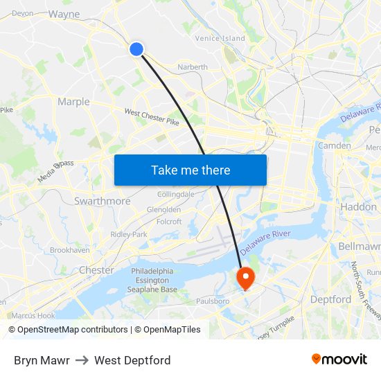 Bryn Mawr to West Deptford map