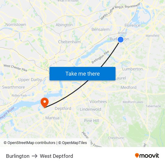 Burlington to West Deptford map