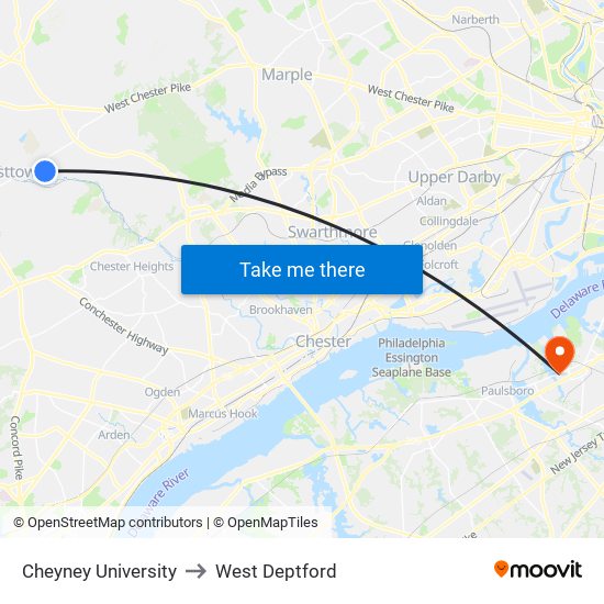 Cheyney University to West Deptford map