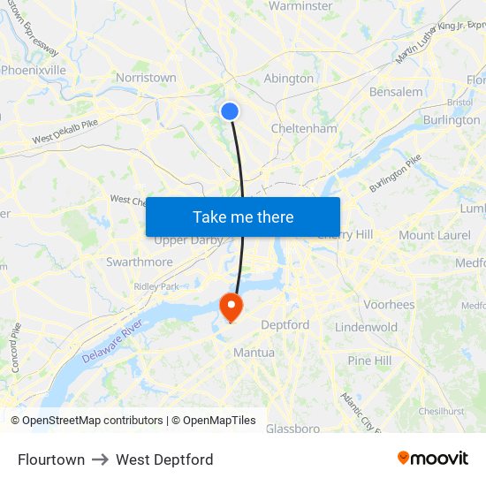 Flourtown to West Deptford map