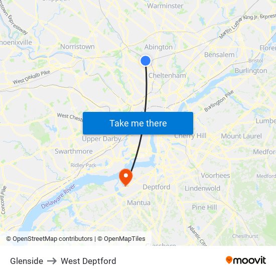 Glenside to West Deptford map
