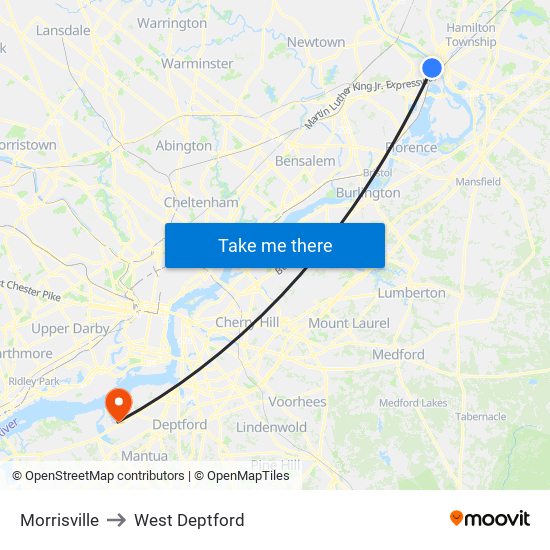 Morrisville to West Deptford map