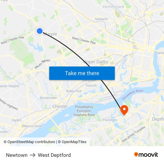 Newtown to West Deptford map