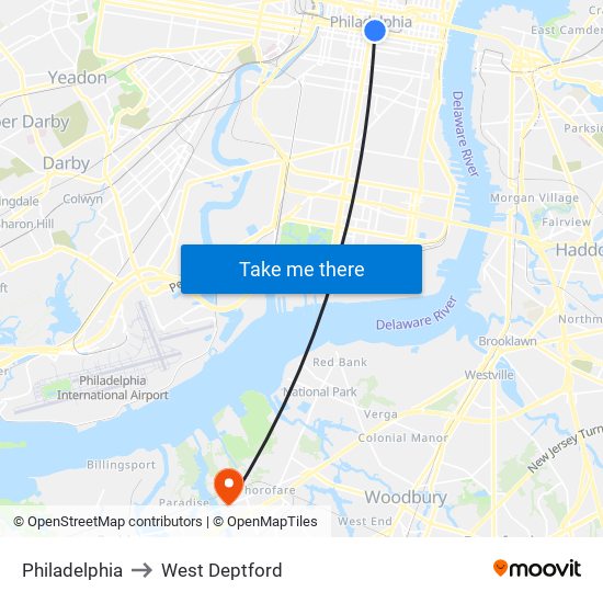 Philadelphia to West Deptford map