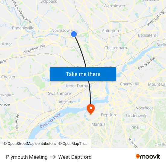 Plymouth Meeting to West Deptford map