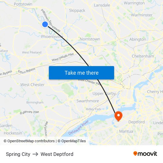 Spring City to West Deptford map