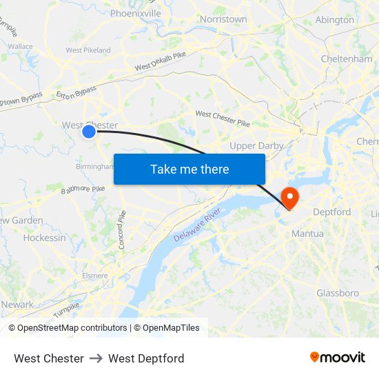 West Chester to West Deptford map
