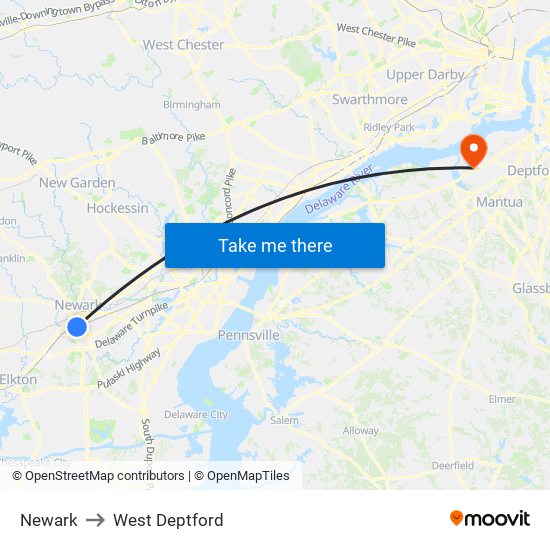 Newark to West Deptford map