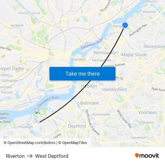 Riverton to West Deptford map