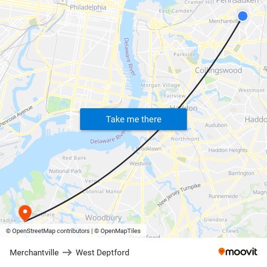 Merchantville to West Deptford map