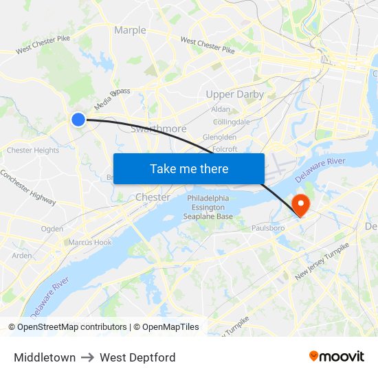 Middletown to West Deptford map
