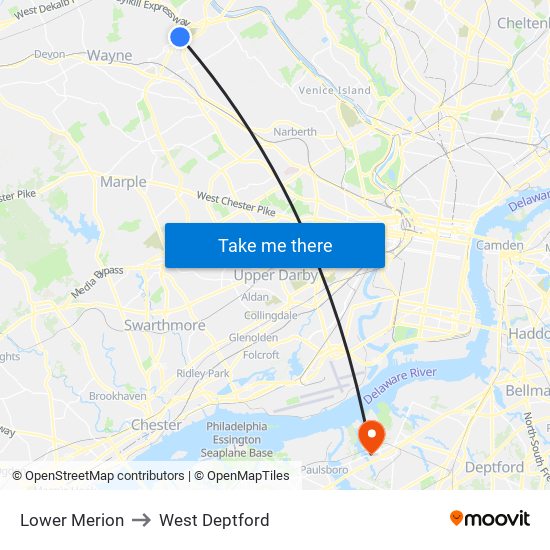 Lower Merion to West Deptford map