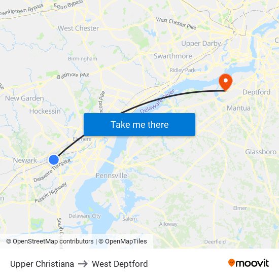 Upper Christiana to West Deptford map