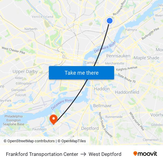 Frankford Transportation Center to West Deptford map