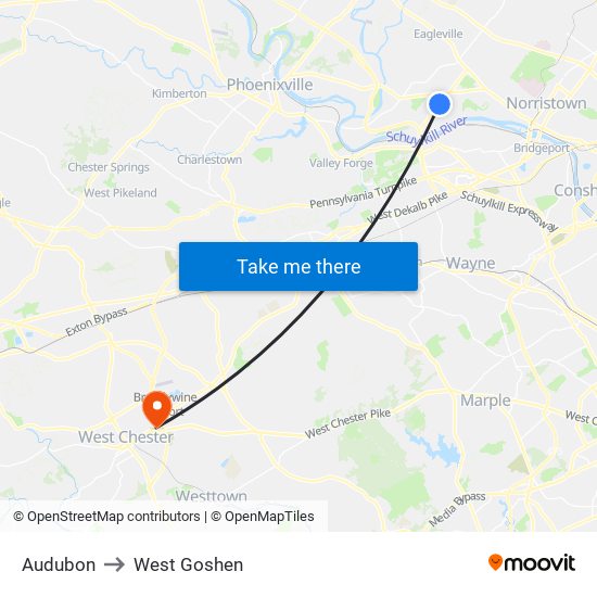 Audubon to West Goshen map