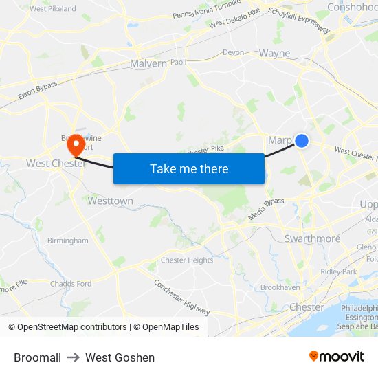 Broomall to West Goshen map