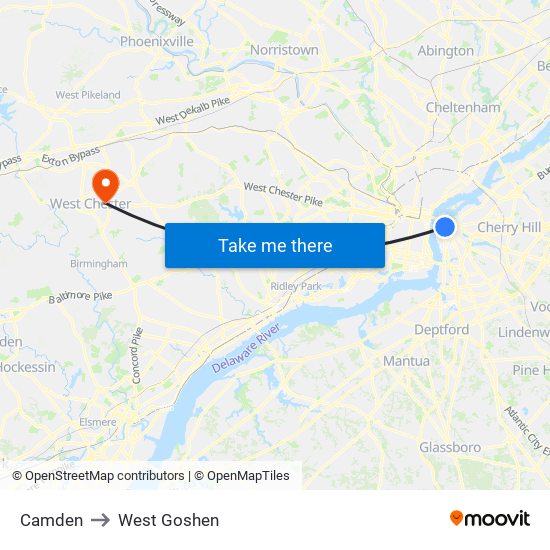 Camden to West Goshen map