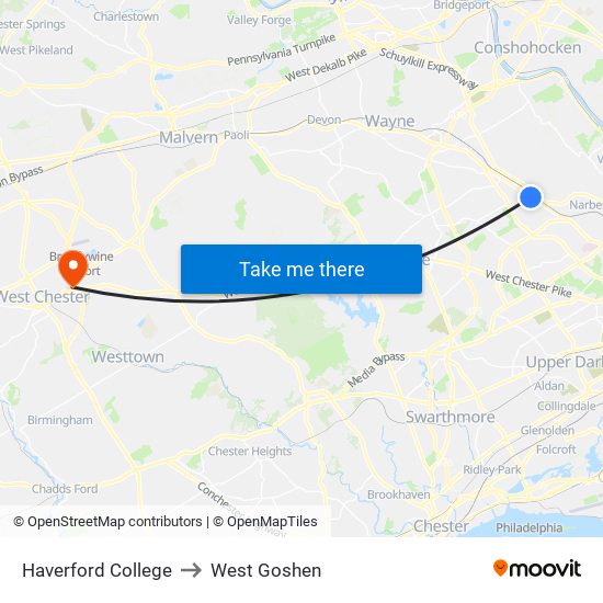 Haverford College to West Goshen map