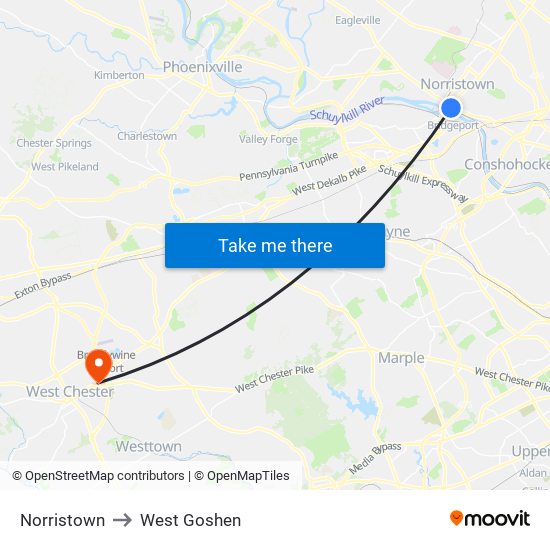 Norristown to West Goshen map