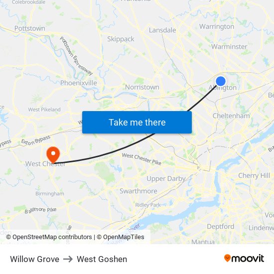 Willow Grove to West Goshen map