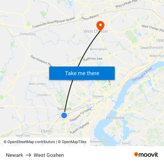 Newark to West Goshen map