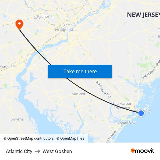 Atlantic City to West Goshen map