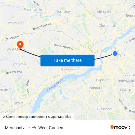 Merchantville to West Goshen map