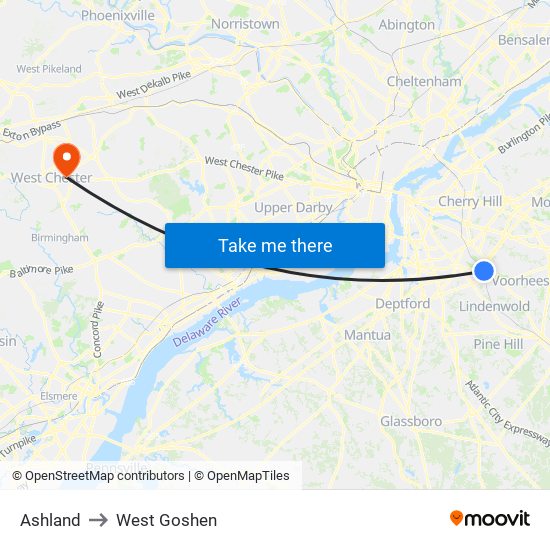 Ashland to West Goshen map