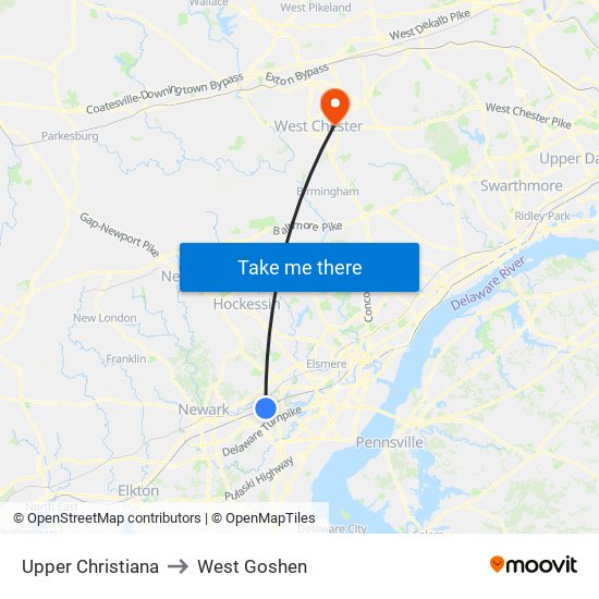 Upper Christiana to West Goshen map