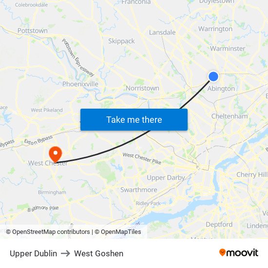 Upper Dublin to West Goshen map