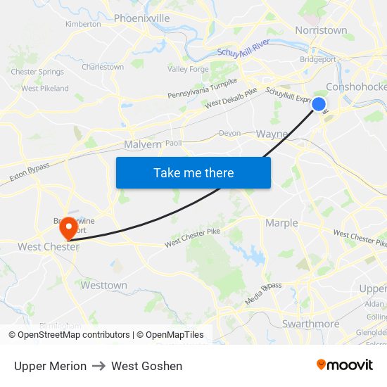 Upper Merion to West Goshen map