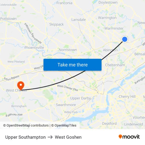 Upper Southampton to West Goshen map