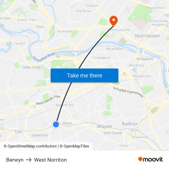 Berwyn to West Norriton map