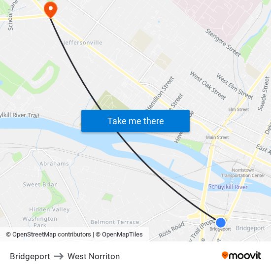 Bridgeport to West Norriton map