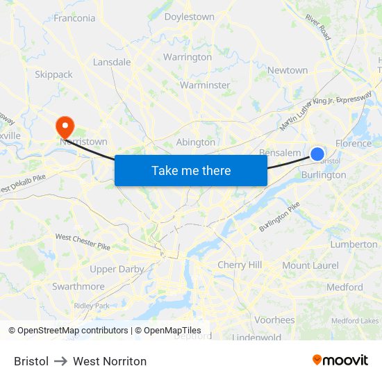 Bristol to West Norriton map